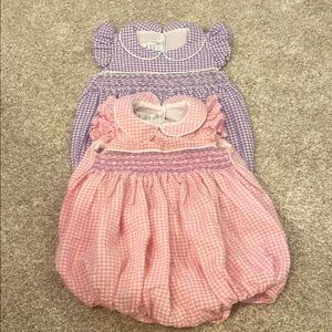 Smocked Baby Gingham Rompers - Pink and Purple